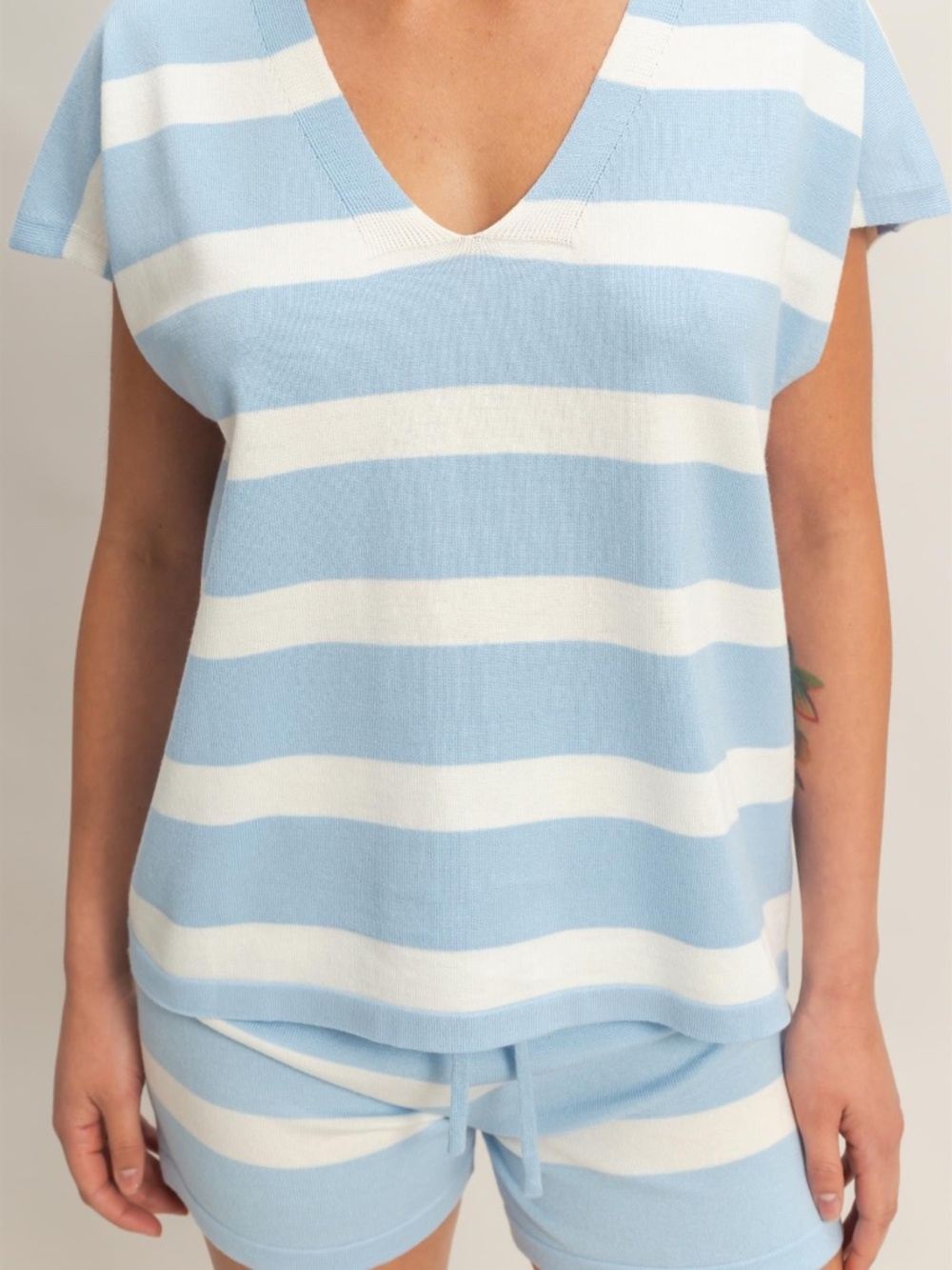328 - VNeck Top & Striped Shorts Set in Blue